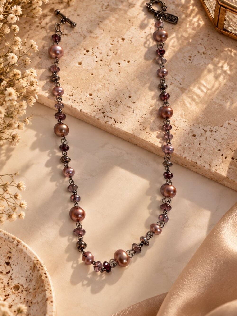 JNY Vintage Mauve Faux Pearl & Amethyst Glass Beaded Toggle Necklace